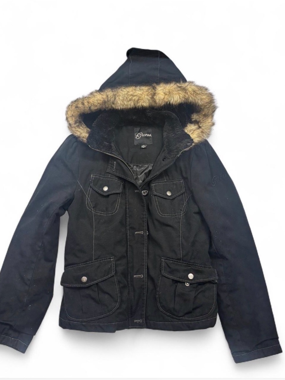 Guess Black Hooded Coat with Faux Fur Trim